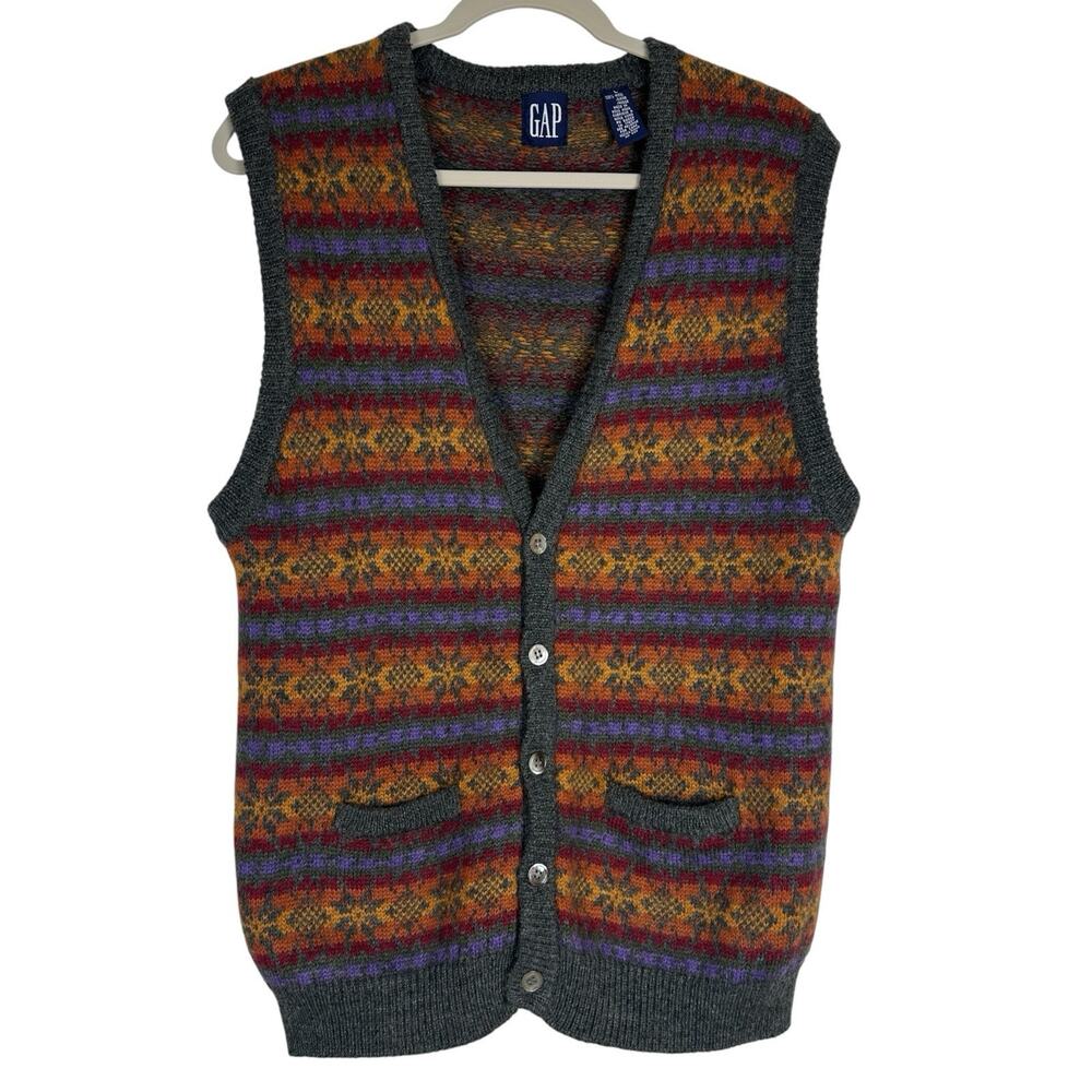 Vintage GAP Sweater Vest Large Wool Fair Isle Nordic Button Knit Acadamia Preppy